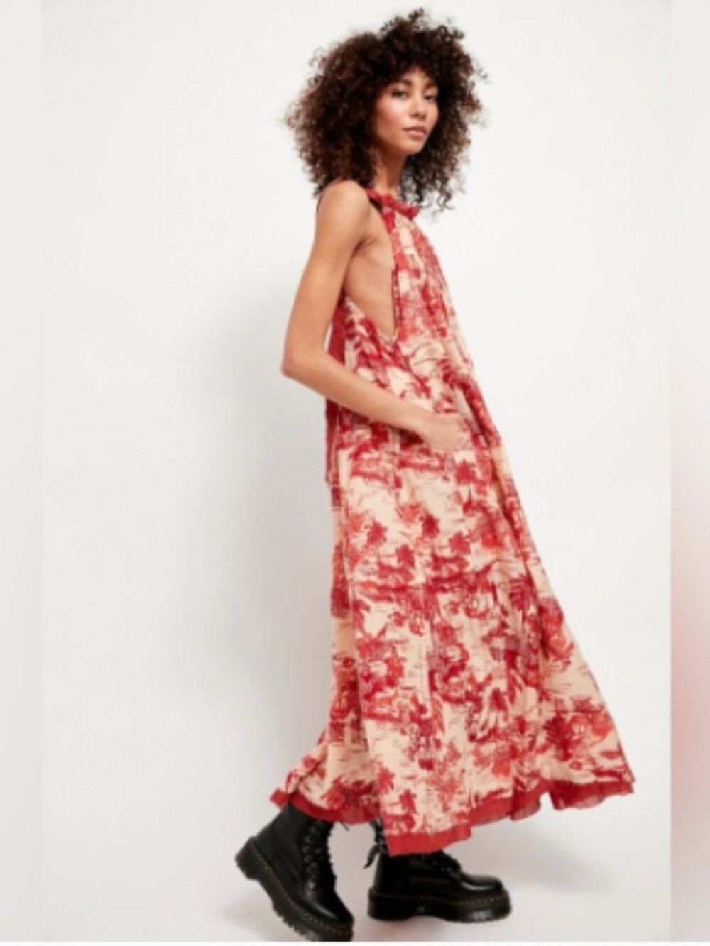 Free People Tropical Toile Maxi Dress Red Cream Floral Summer Loose Fit Large
